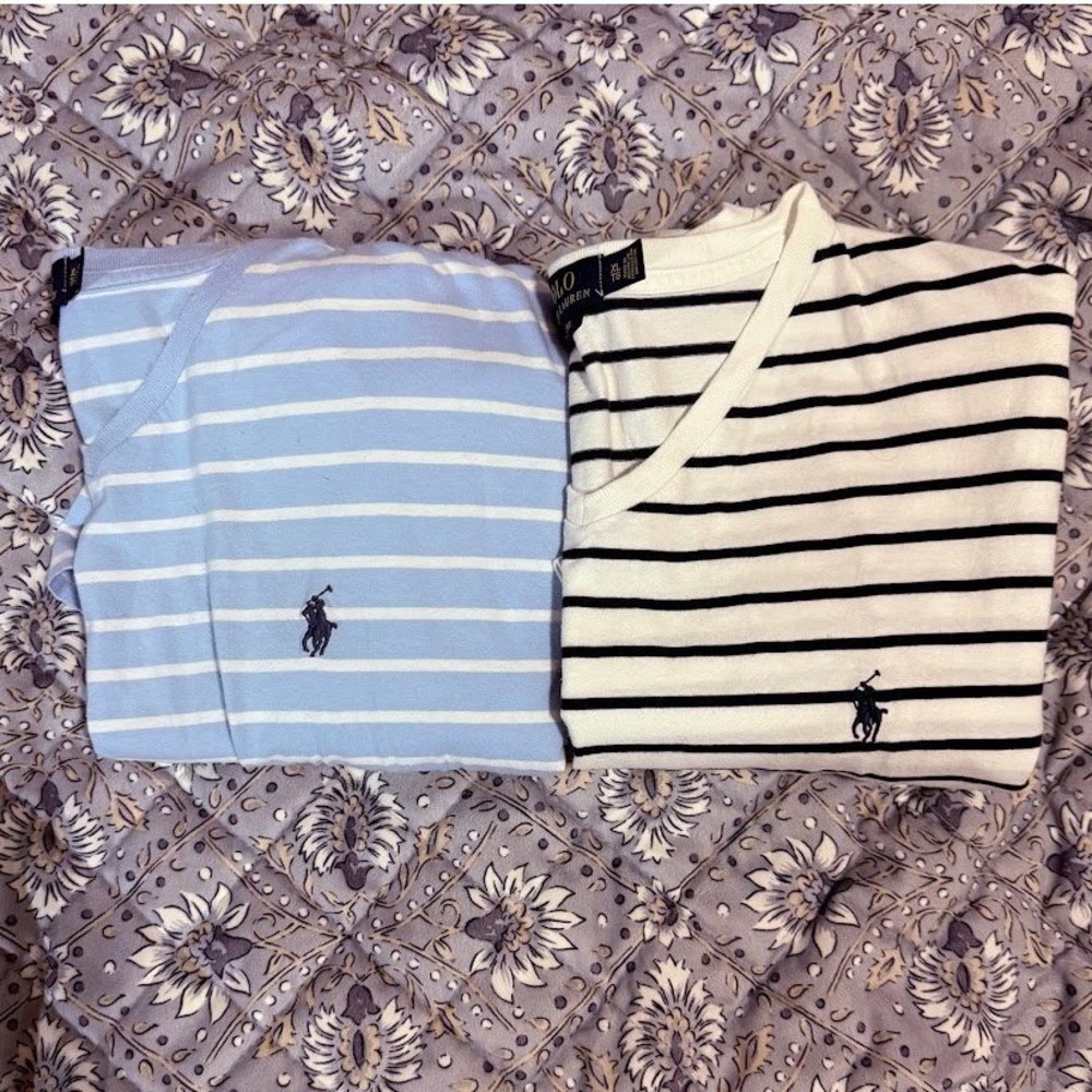 Polo Ralph Lauren Mens XL V-Neck T-Shirt Lot 2 Striped Blue White Classic Fit